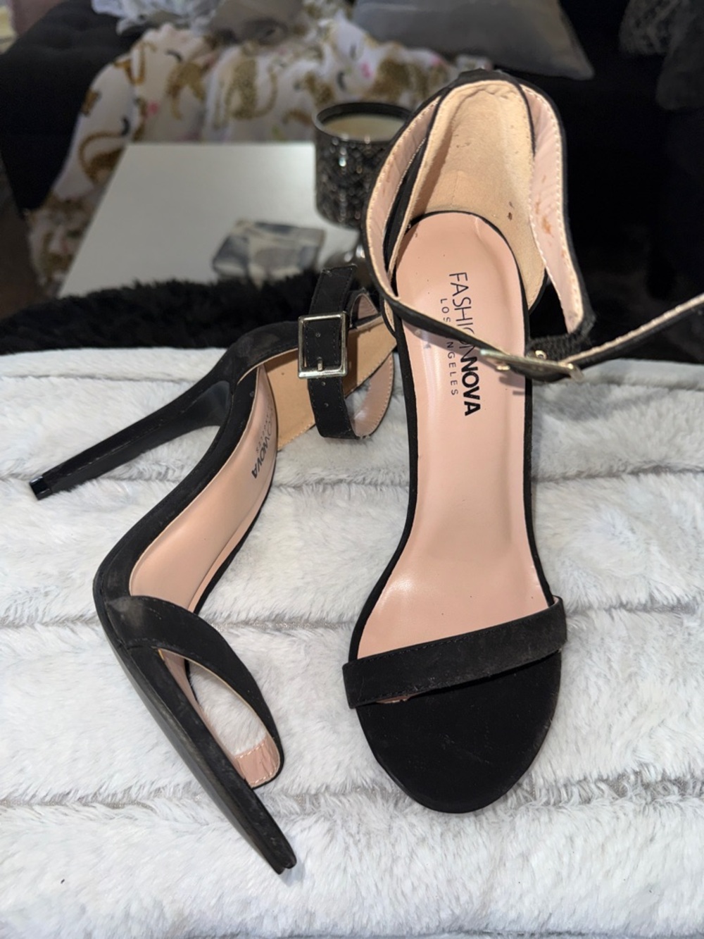 Fashion Nova Black Suede Ankle-Strap Stiletto Sandals